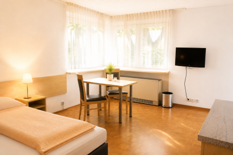 Zimmer 7 Helles Zimmer mit einem Bett, Tisch, Stühlen, Fernseher und Fenster mit Blick ins Freie.
